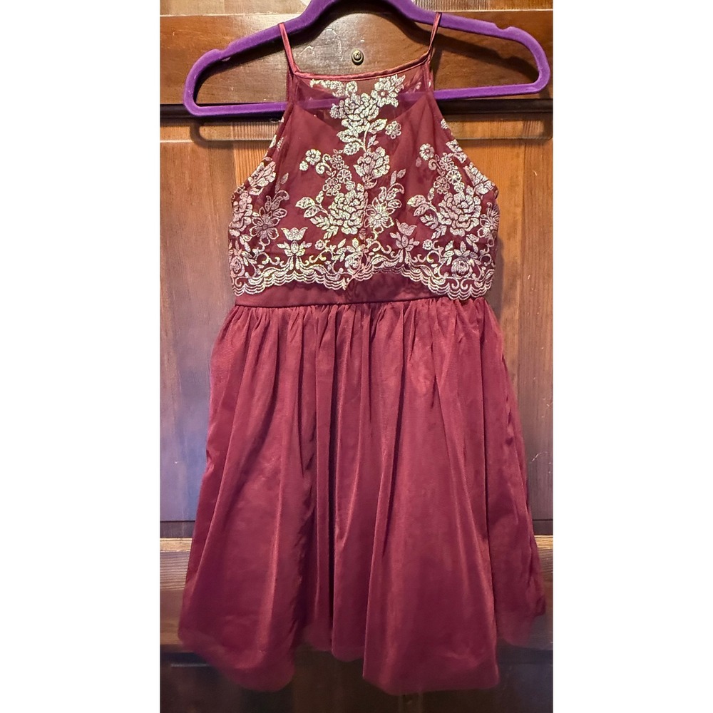 Poppies and Roses Girls Burgundy Velvet Lace Embellished‎ Party Dress Size 12